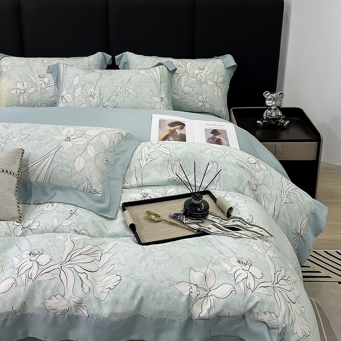 91家纺网 家纺一手货源 找家纺 娇逸家居 2025新款50支莱赛尔数码印花宽边拼角天丝四件套（可搭配同系列夏被和床盖） 多特