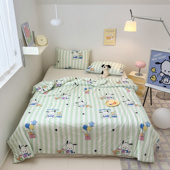 91家纺网 家纺一手货源 找家纺 木堇家居 2024新款三丽欧A类针织棉10%大豆纤维嵌绳款夏被 条纹帕恰狗