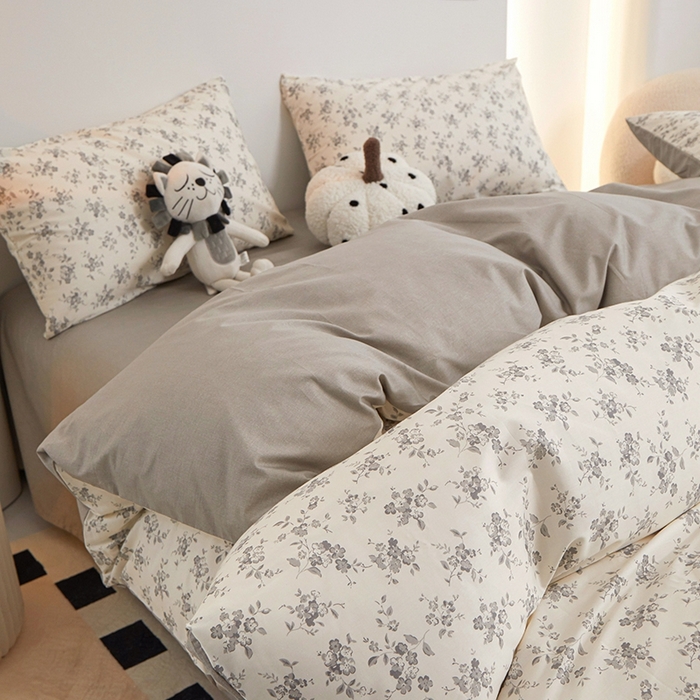 91家纺网 家纺一手货源 找家纺 一米阳光 2024新款小清新AB版全棉四件套 沁园-灰