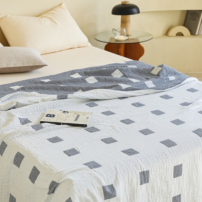 91家纺网 家纺一手货源 找家纺 朴尔 2024新款西部民族风全棉三层纱布毛巾被 克罗克-蓝