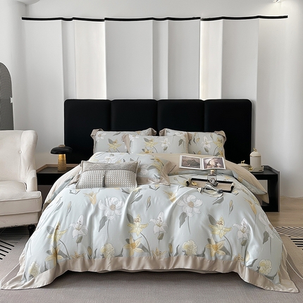 91家纺网 家纺一手货源 找家纺 （总）娇逸家居 2025新款50支莱赛尔数码印花宽边拼角天丝四件套（可搭配同系列夏被和床盖）