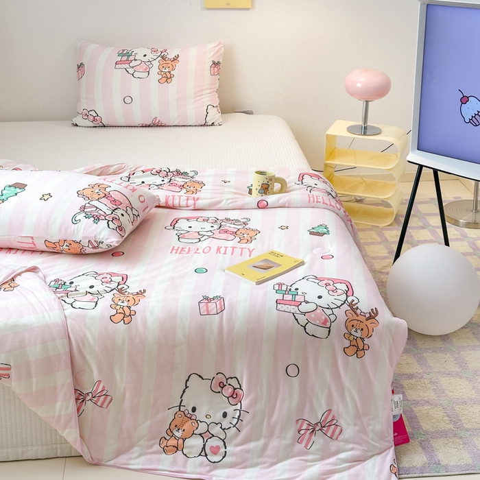 91家纺网 家纺一手货源 找家纺 木堇家居 2024新款三丽欧A类针织棉10%大豆纤维嵌绳款夏被 粉色kT