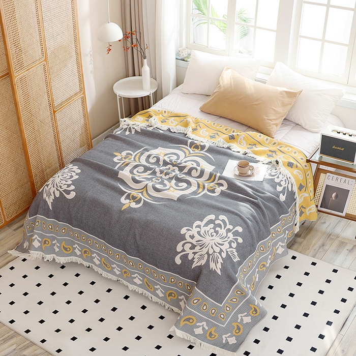 91家纺网 家纺一手货源 找家纺 朴尔 2024新款基拉尼风流苏花边全棉纱布毛巾被 莫克罗斯-灰