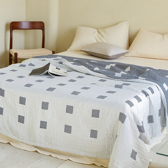 91家纺网 家纺一手货源 找家纺 朴尔 2024新款西部民族风全棉三层纱布毛巾被 克罗克-蓝