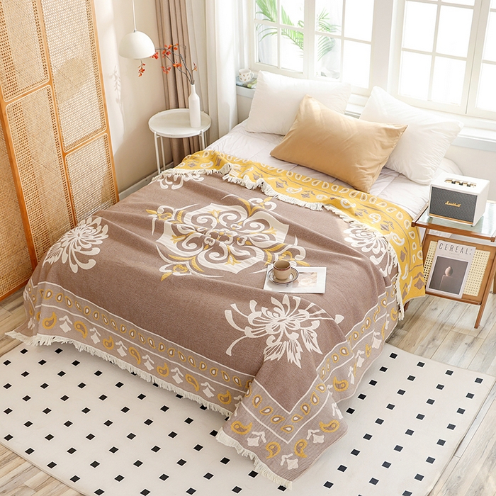 91家纺网 家纺一手货源 找家纺 朴尔 2024新款基拉尼风流苏花边全棉纱布毛巾被 莫克罗斯-咖