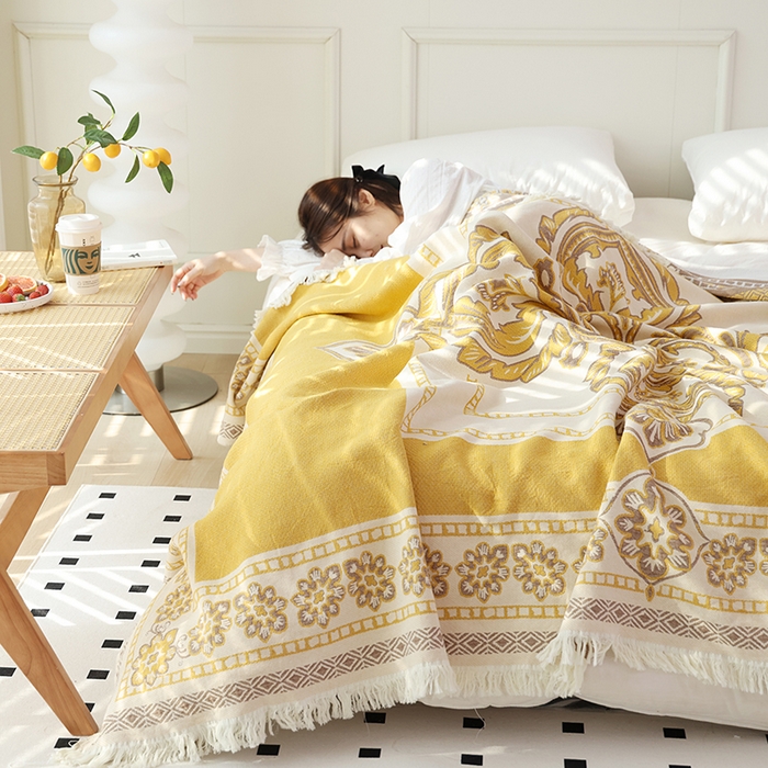 91家纺网 家纺一手货源 找家纺 朴尔 2024新款基拉尼风流苏花边全棉纱布毛巾被 罗马之恋-黄