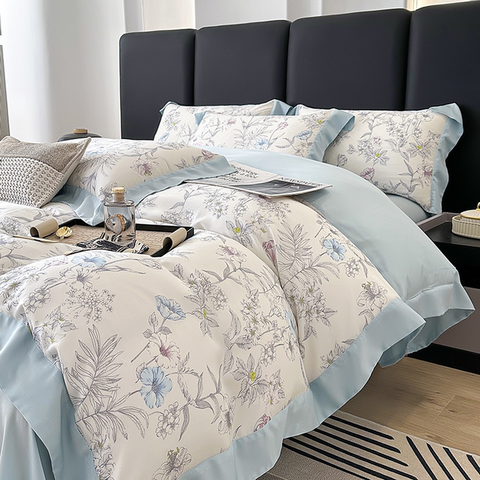 91家纺网 家纺一手货源 找家纺 娇逸家居 2025新款50支莱赛尔数码印花宽边拼角天丝四件套（可搭配同系列夏被和床盖） 书瑶