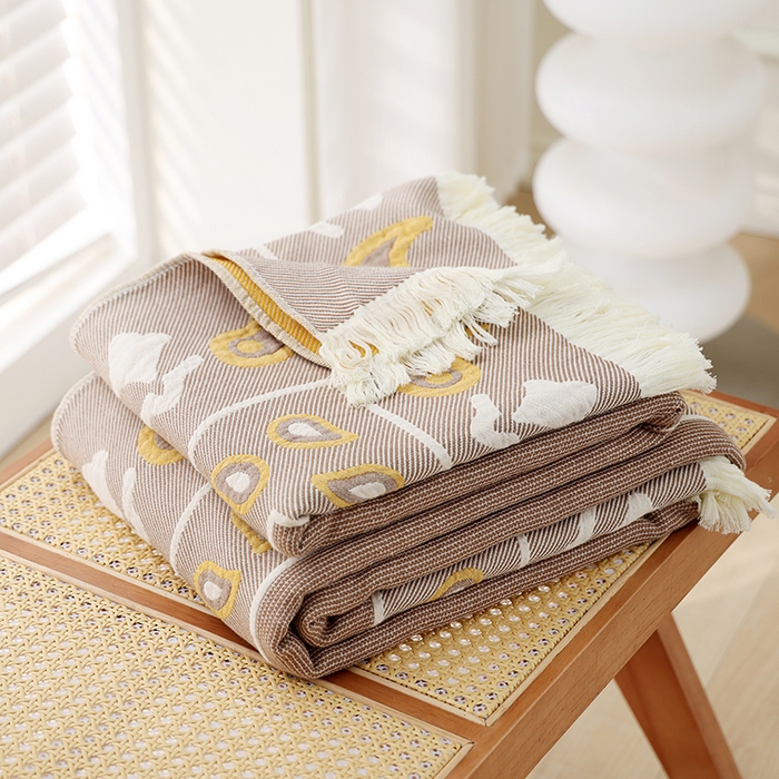 91家纺网 家纺一手货源 找家纺 朴尔 2024新款基拉尼风流苏花边全棉纱布毛巾被 莫克罗斯-咖