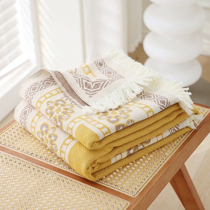 91家纺网 家纺一手货源 找家纺 朴尔 2024新款基拉尼风流苏花边全棉纱布毛巾被 罗马之恋-黄