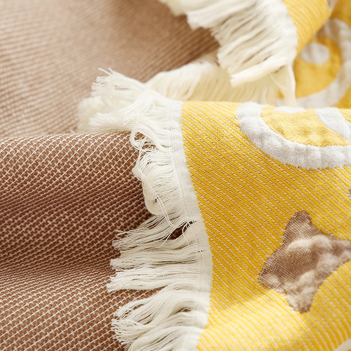 91家纺网 家纺一手货源 找家纺 朴尔 2024新款基拉尼风流苏花边全棉纱布毛巾被 莫克罗斯-咖