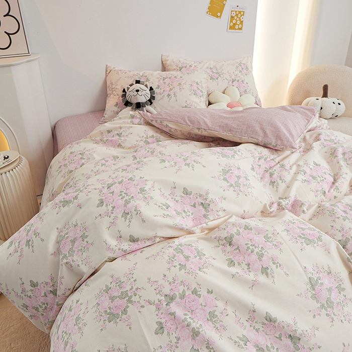 91家纺网 家纺一手货源 找家纺 一米阳光 2024新款小清新AB版全棉四件套 粉黛