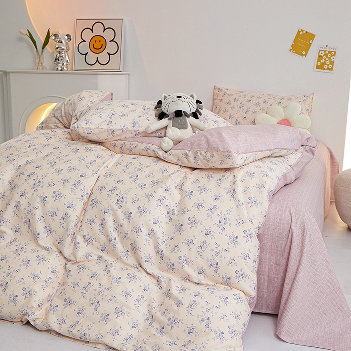 91家纺网 家纺一手货源 找家纺 一米阳光 2024新款小清新AB版全棉四件套 沁园-紫