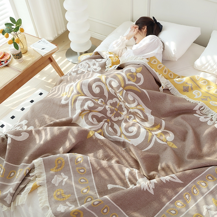 91家纺网 家纺一手货源 找家纺 朴尔 2024新款基拉尼风流苏花边全棉纱布毛巾被 莫克罗斯-咖