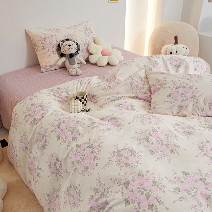 91家纺网 家纺一手货源 找家纺 一米阳光 2024新款小清新AB版全棉四件套 粉黛