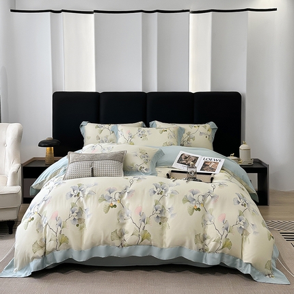 91家纺网 家纺一手货源 找家纺 娇逸家居 2025新款50支莱赛尔数码印花宽边拼角天丝四件套（可搭配同系列夏被和床盖） 谷兰