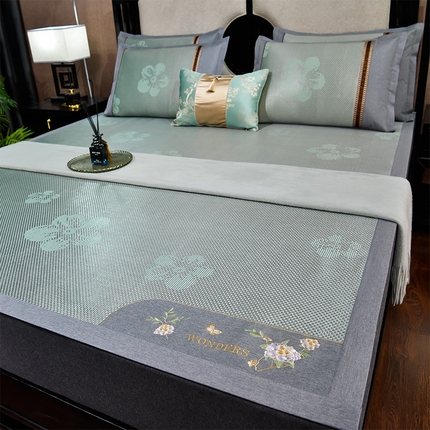 91家纺网 家纺一手货源 找家纺 小牛席业 2024新款绣球花开冰藤双面席 绣球花开-提花绿色