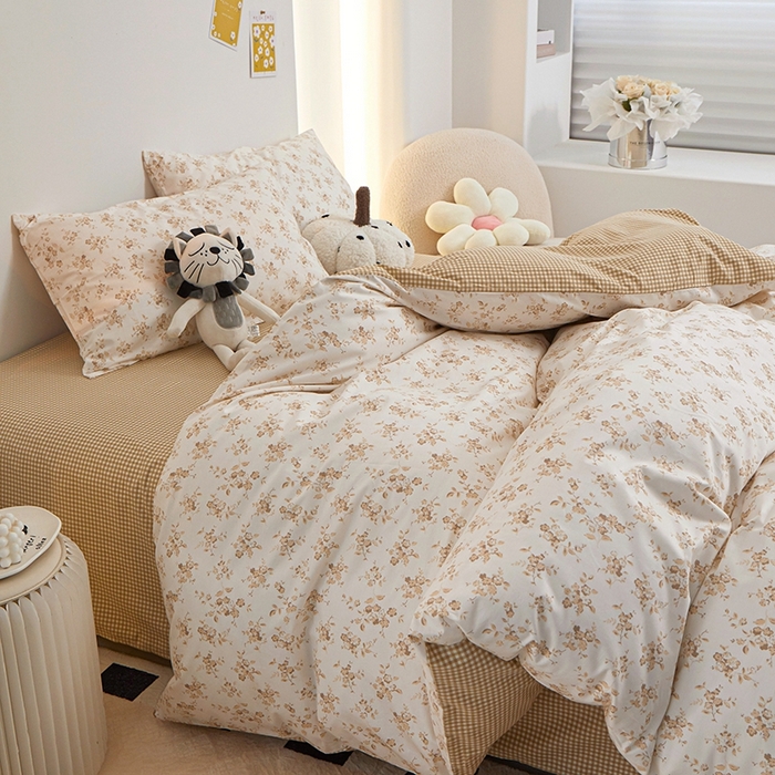 91家纺网 家纺一手货源 找家纺 一米阳光 2024新款小清新AB版全棉四件套 沁园-卡其