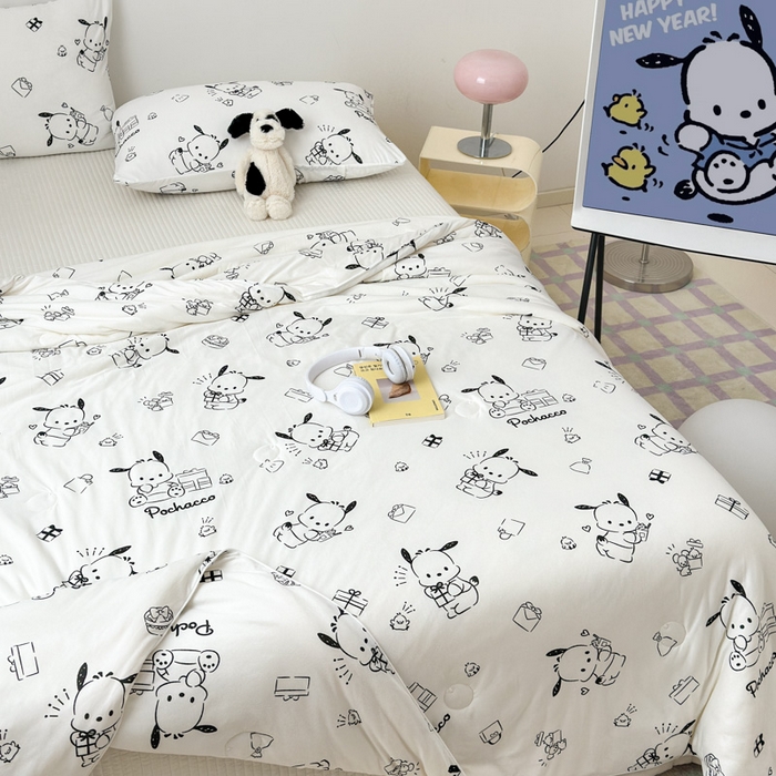 91家纺网 家纺一手货源 找家纺 木堇家居 2024新款三丽欧A类针织棉10%大豆纤维嵌绳款夏被 黑白帕恰狗