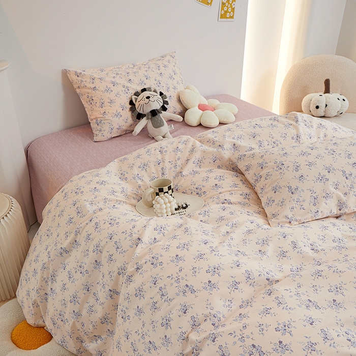 91家纺网 家纺一手货源 找家纺 一米阳光 2024新款小清新AB版全棉四件套 沁园-紫