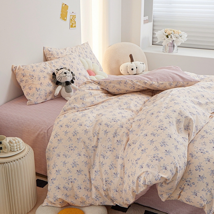 91家纺网 家纺一手货源 找家纺 一米阳光 2024新款小清新AB版全棉四件套 沁园-紫