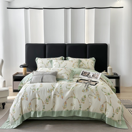 91家纺网 家纺一手货源 找家纺 娇逸家居 2025新款50支莱赛尔数码印花宽边拼角天丝四件套（可搭配同系列夏被和床盖） 繁多