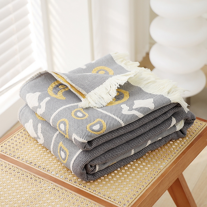 91家纺网 家纺一手货源 找家纺 朴尔 2024新款基拉尼风流苏花边全棉纱布毛巾被 莫克罗斯-灰