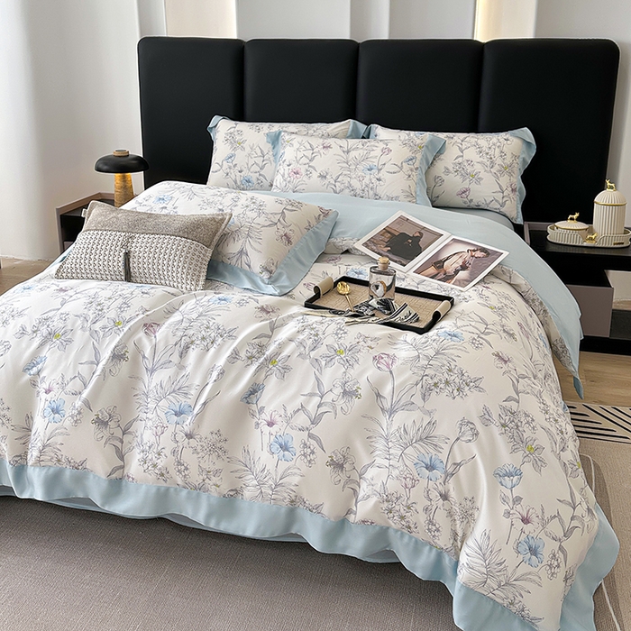 91家纺网 家纺一手货源 找家纺 娇逸家居 2025新款50支莱赛尔数码印花宽边拼角天丝四件套（可搭配同系列夏被和床盖） 书瑶