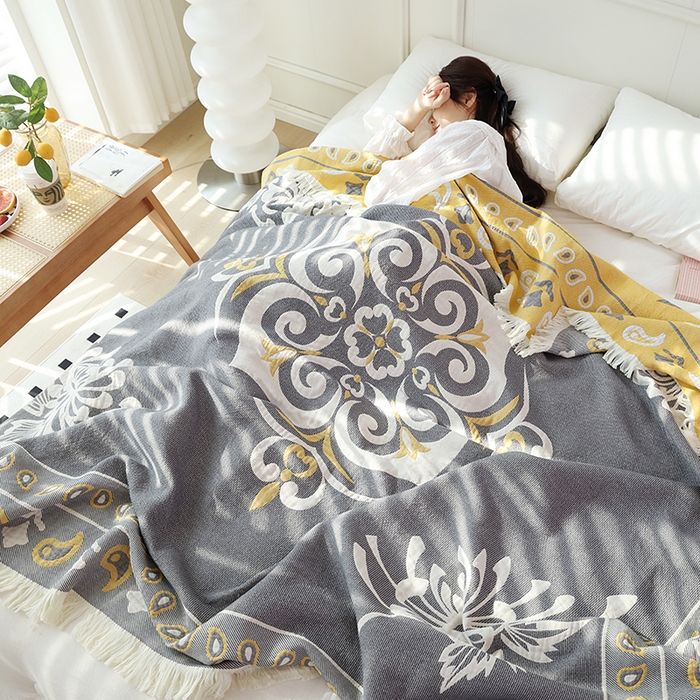 91家纺网 家纺一手货源 找家纺 朴尔 2024新款基拉尼风流苏花边全棉纱布毛巾被 莫克罗斯-灰