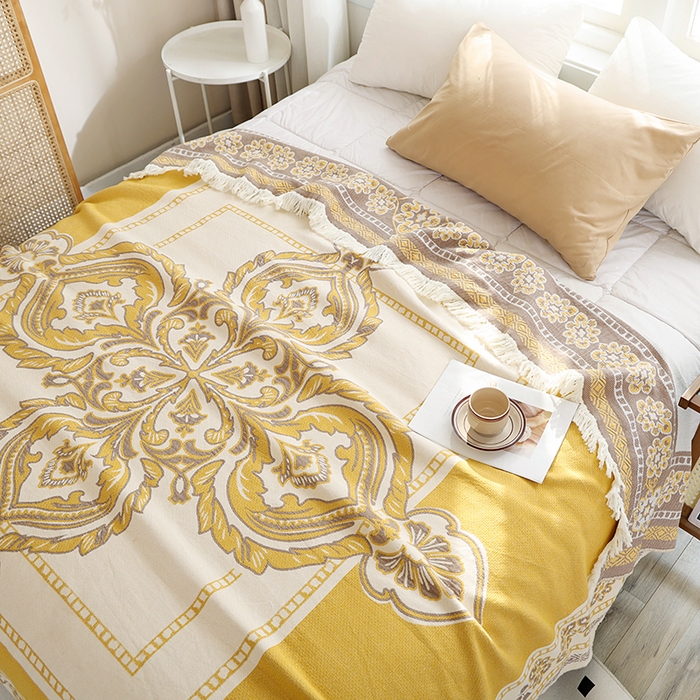 91家纺网 家纺一手货源 找家纺 朴尔 2024新款基拉尼风流苏花边全棉纱布毛巾被 罗马之恋-黄