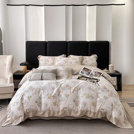 91家纺网 家纺一手货源 找家纺 （总）娇逸家居 2025新款50支莱赛尔数码印花宽边拼角天丝四件套（可搭配同系列夏被和床盖）