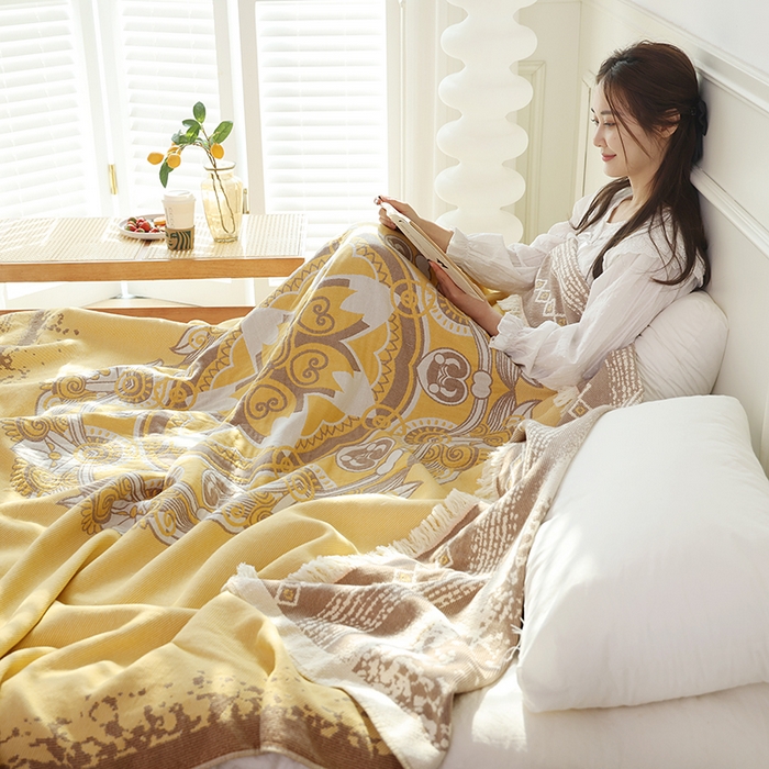 91家纺网 家纺一手货源 找家纺 朴尔 2024新款基拉尼风流苏花边全棉纱布毛巾被 林恩圣湖-黄