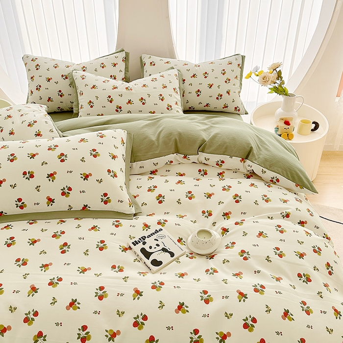 91家纺网 家纺一手货源 找家纺 卡普家居2025新款A类水洗棉麻四件套 草莓园