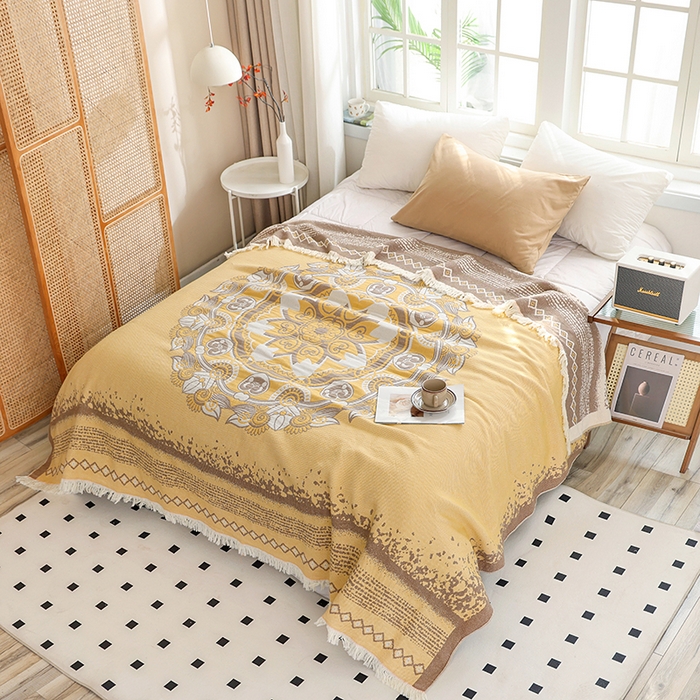 91家纺网 家纺一手货源 找家纺 朴尔 2024新款基拉尼风流苏花边全棉纱布毛巾被 林恩圣湖-黄