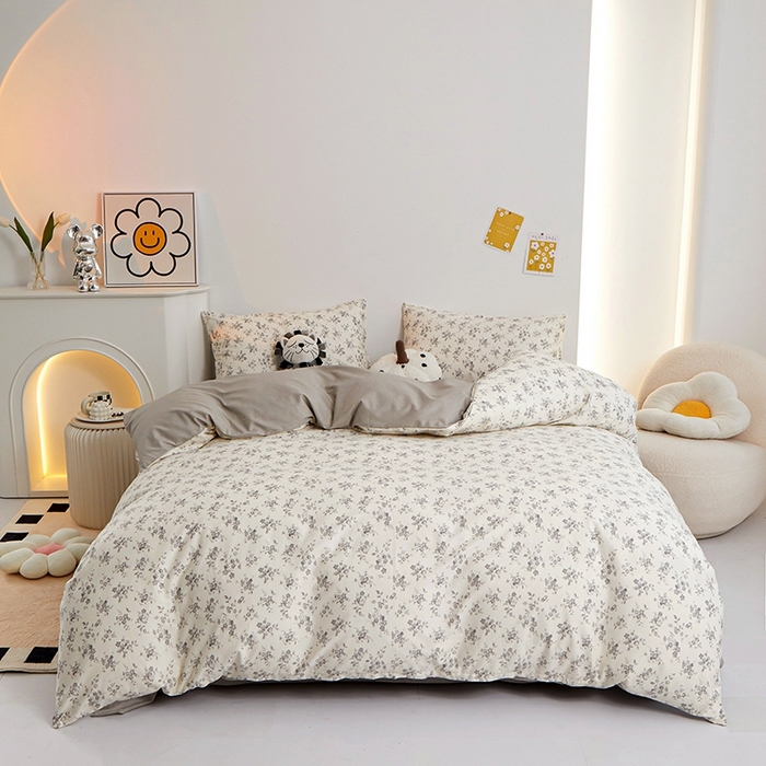 91家纺网 家纺一手货源 找家纺 一米阳光 2024新款小清新AB版全棉四件套 沁园-灰