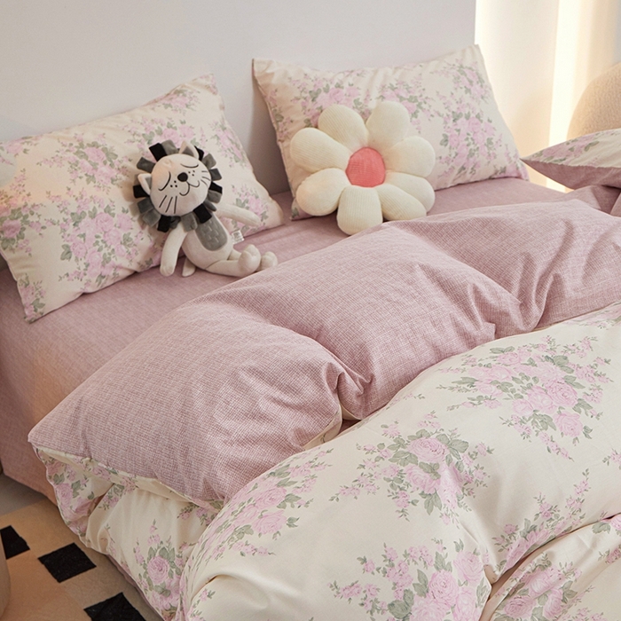 91家纺网 家纺一手货源 找家纺 一米阳光 2024新款小清新AB版全棉四件套 粉黛