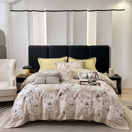 91家纺网 家纺一手货源 找家纺 （总）娇逸家居 2025新款50支莱赛尔数码印花宽边拼角天丝四件套（可搭配同系列夏被和床盖）