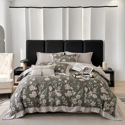 91家纺网 家纺一手货源 找家纺 （总）娇逸家居 2025新款50支莱赛尔数码印花宽边拼角天丝四件套（可搭配同系列夏被和床盖）