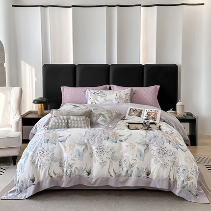 91家纺网 家纺一手货源 找家纺 （总）娇逸家居 2025新款50支莱赛尔数码印花宽边拼角天丝四件套（可搭配同系列夏被和床盖）