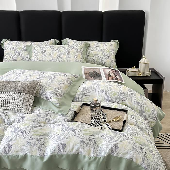 91家纺网 家纺一手货源 找家纺 娇逸家居 2025新款50支莱赛尔数码印花宽边拼角天丝四件套（可搭配同系列夏被和床盖） 春分