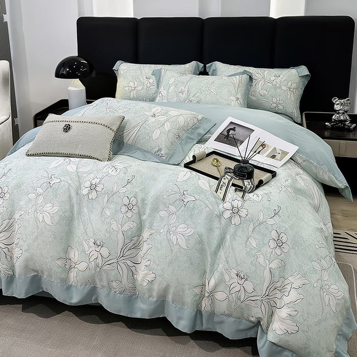 91家纺网 家纺一手货源 找家纺 娇逸家居 2025新款50支莱赛尔数码印花宽边拼角天丝四件套（可搭配同系列夏被和床盖） 多特