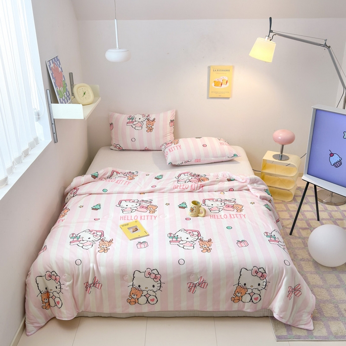 91家纺网 家纺一手货源 找家纺 木堇家居 2024新款三丽欧A类针织棉10%大豆纤维嵌绳款夏被 粉色kT