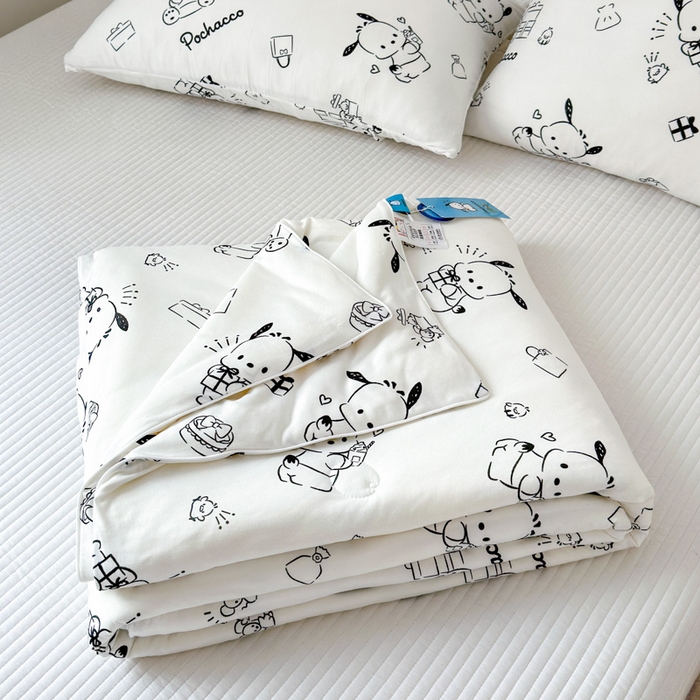 91家纺网 家纺一手货源 找家纺 木堇家居 2024新款三丽欧A类针织棉10%大豆纤维嵌绳款夏被 黑白帕恰狗