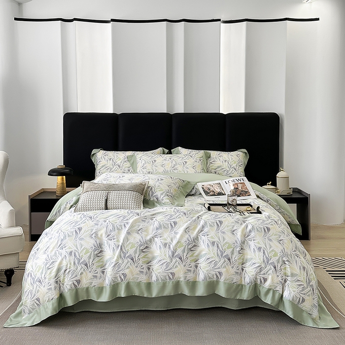 91家纺网 家纺一手货源 找家纺 娇逸家居 2025新款50支莱赛尔数码印花宽边拼角天丝四件套（可搭配同系列夏被和床盖） 春分