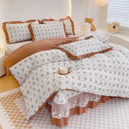 2024直播爆款泡泡棉床盖款四件套双层蕾丝花边夹棉床裙款三件套 锦瑟