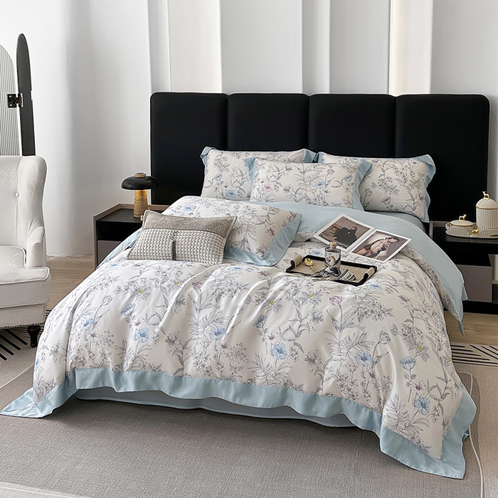 91家纺网 家纺一手货源 找家纺 娇逸家居 2025新款50支莱赛尔数码印花宽边拼角天丝四件套（可搭配同系列夏被和床盖） 书瑶