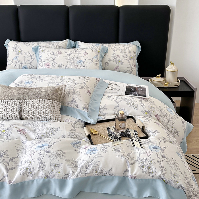 91家纺网 家纺一手货源 找家纺 娇逸家居 2025新款50支莱赛尔数码印花宽边拼角天丝四件套（可搭配同系列夏被和床盖） 书瑶