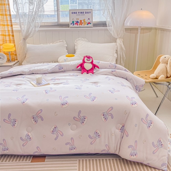 91家纺网 家纺一手货源 找家纺 眠优居 2024新款A类针织棉大豆纤维夏被 紫色小兔