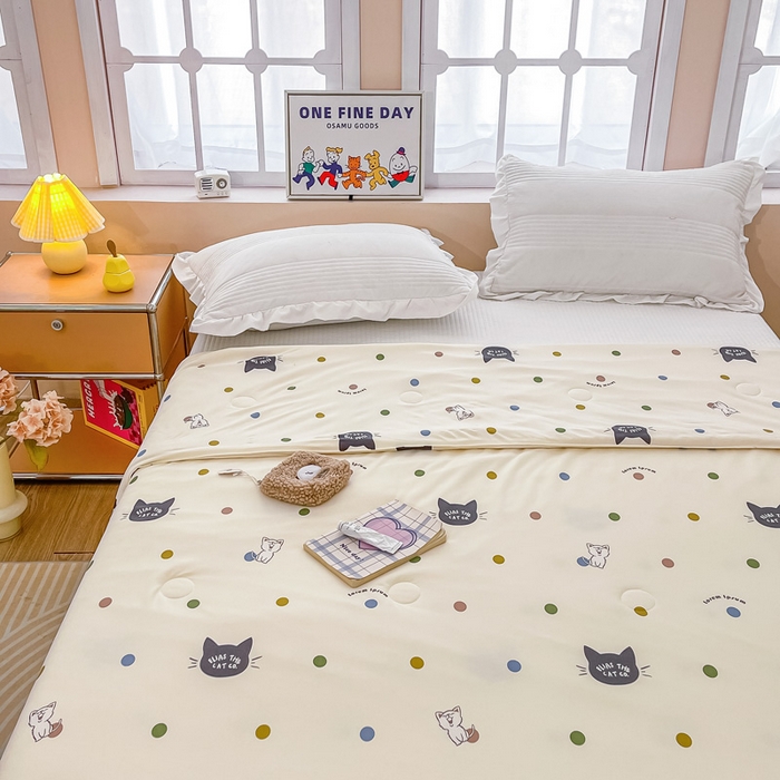 91家纺网 家纺一手货源 找家纺 眠优居 2024新款A类针织棉大豆纤维夏被 波点猫咪