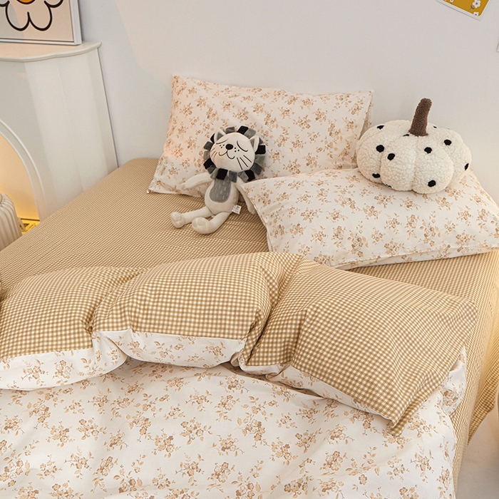 91家纺网 家纺一手货源 找家纺 一米阳光 2024新款小清新AB版全棉四件套 沁园-卡其