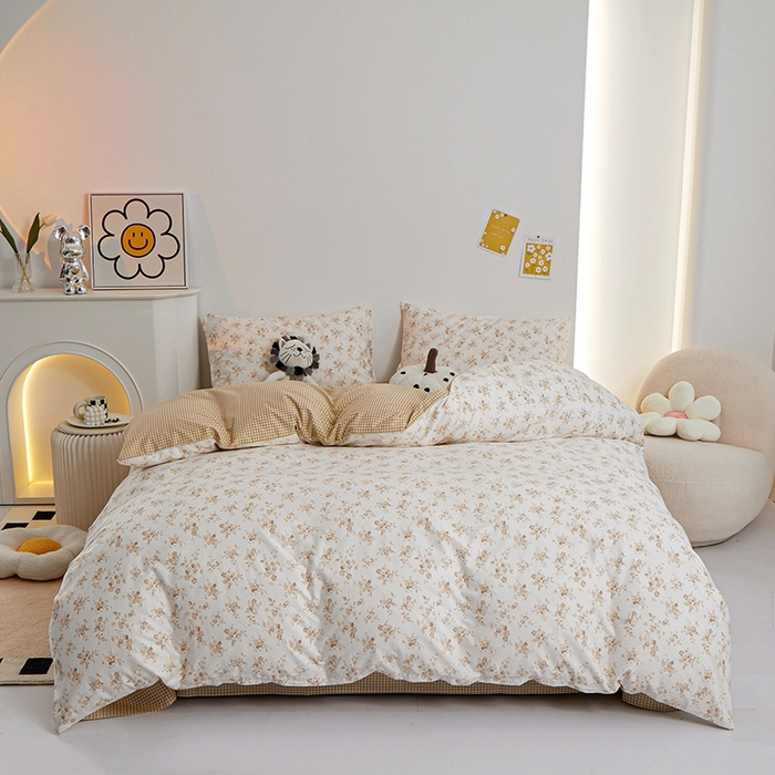 91家纺网 家纺一手货源 找家纺 一米阳光 2024新款小清新AB版全棉四件套 沁园-卡其